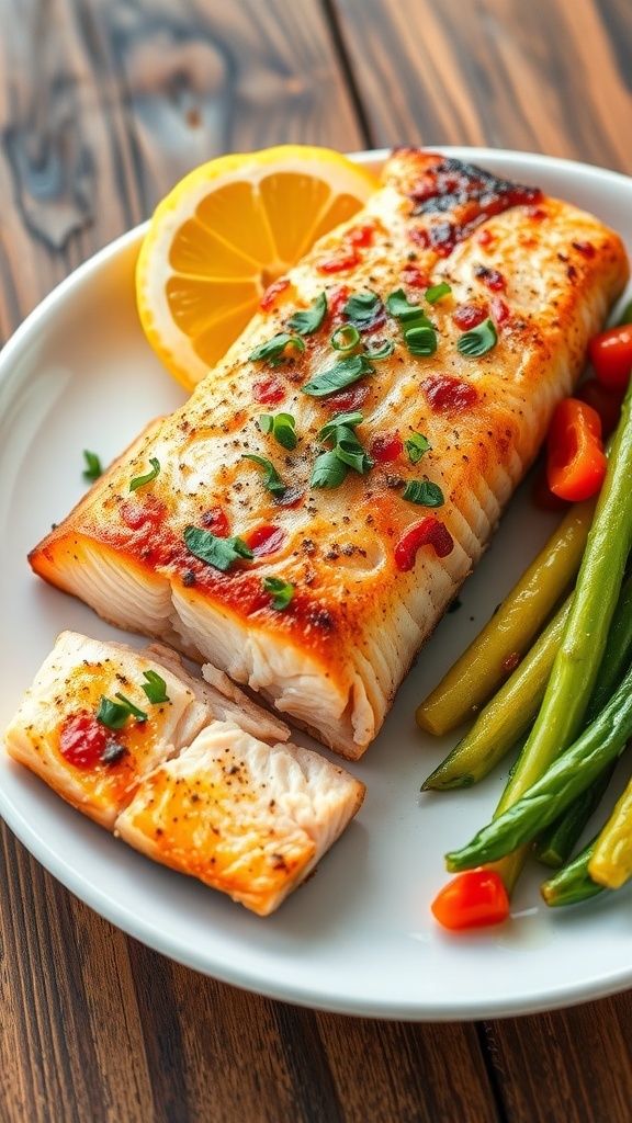 Quick Air Fryer Salmon Recipe Crispy air fryer salmon fillet garnished with herbs and lemon on a plate with vegetables.